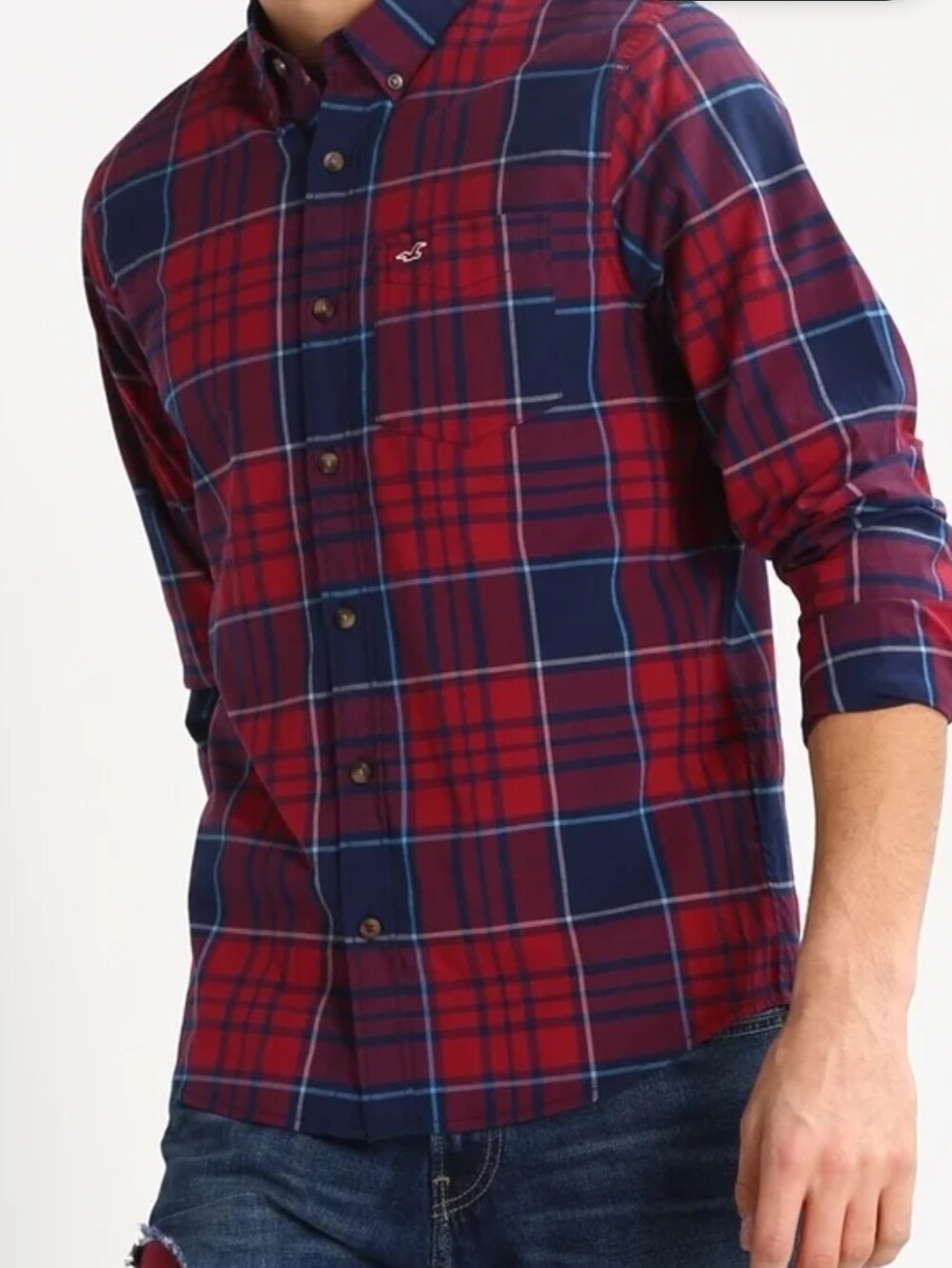 Hollister Red & Navy Blue Long Sleeve Stretch Plaid Shirt, Size XL